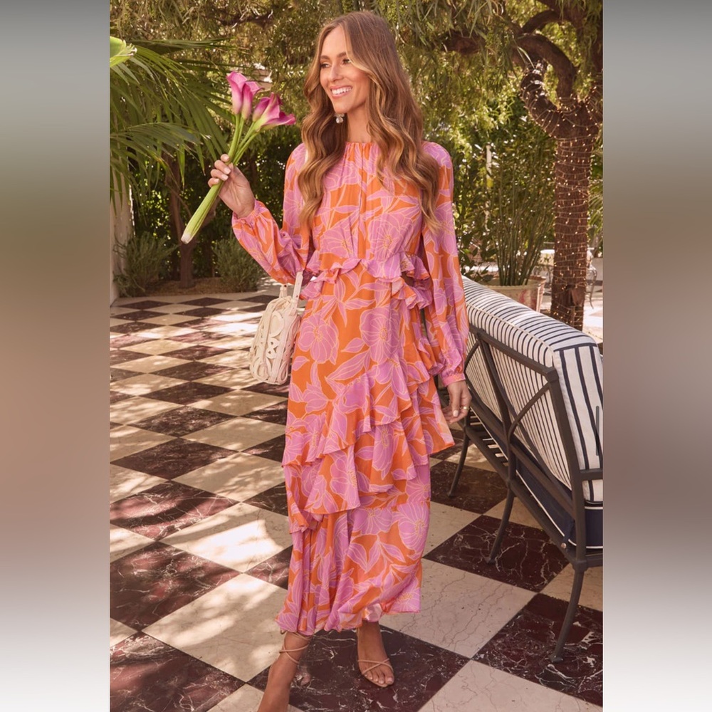VICI Floral Ruffle Maxi Dress - Pink and Orange